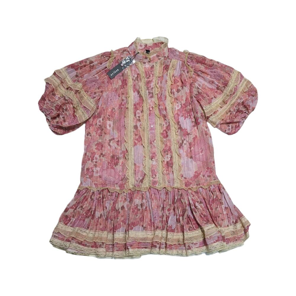 Beulah Pink Lace Ruffle Mini Dress Puff Sleeve Coquette Kawaii Womens Small